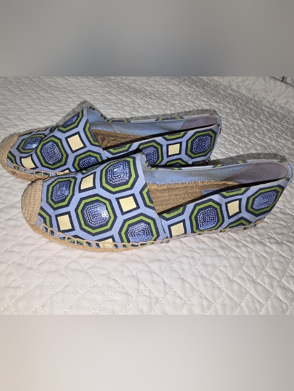 These are the Tory Burch Cecily Embellished Espadrilles in light chambray